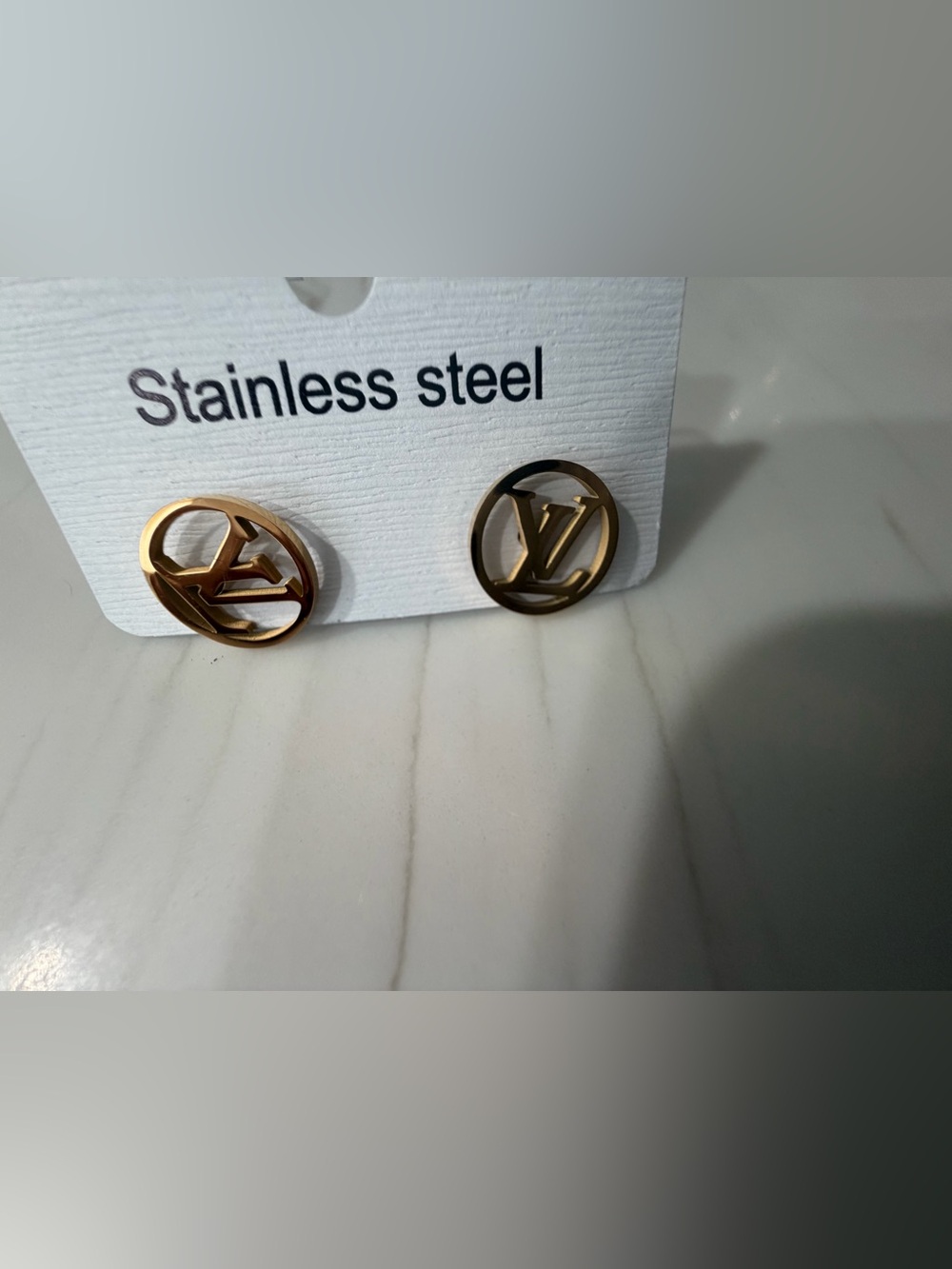Gold Tone LV Logo Stainless Steel Stud Earrings